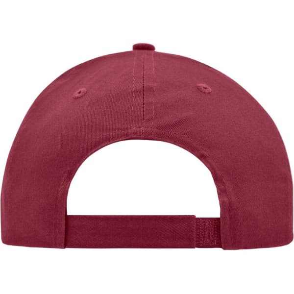 A maroon brushed 6 panel cap featuring a rear closure and branding on the inside.