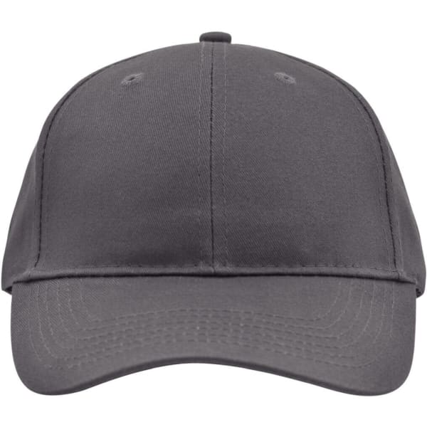 A grey brushed 6 panel cap featuring a curved brim and an adjustable back. It has a logo on the front.