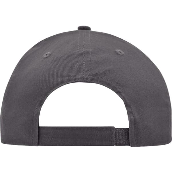 A brushed grey 6 panel cap featuring an adjustable strap and a logo on the back.