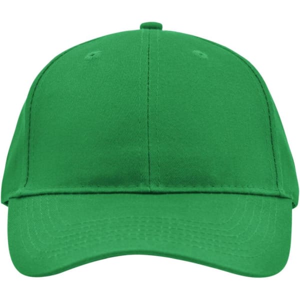 A green brushed 6 panel cap with a curved brim and a logo on the front. Suitable for headwear.