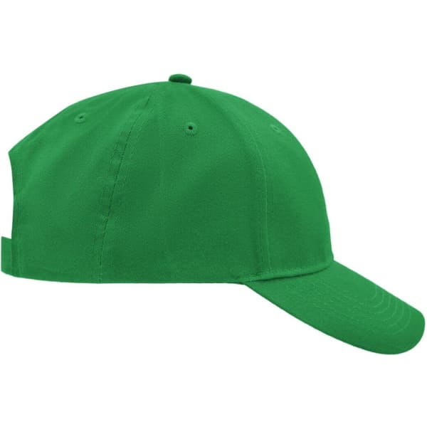 A green brushed 6 panel cap featuring a curved peak and an adjustable strap at the back, with a small logo.