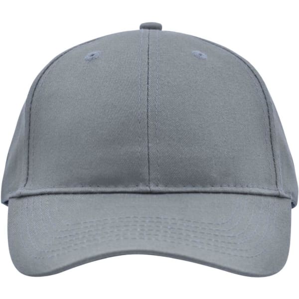A grey brushed 6 panel cap featuring a structured design and a logo on the front.