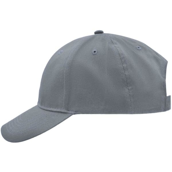 A grey brushed 6 panel cap with a curved brim and an adjustable strap at the back, featuring a logo.