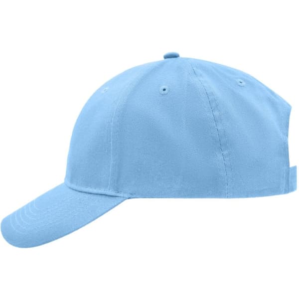 A light blue brushed six-panel cap featuring a curved brim and a rear adjustable strap. Includes a logo.