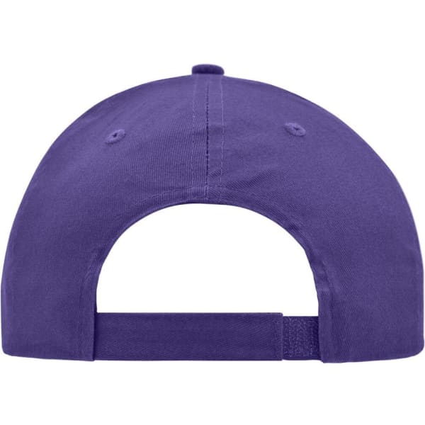 A purple brushed 6 panel cap featuring an adjustable strap and a logo on the back.