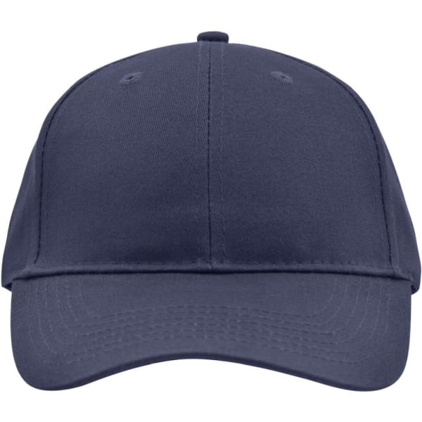 A navy blue brushed six panel cap with a curved brim and an adjustable strap at the back. It features a logo.