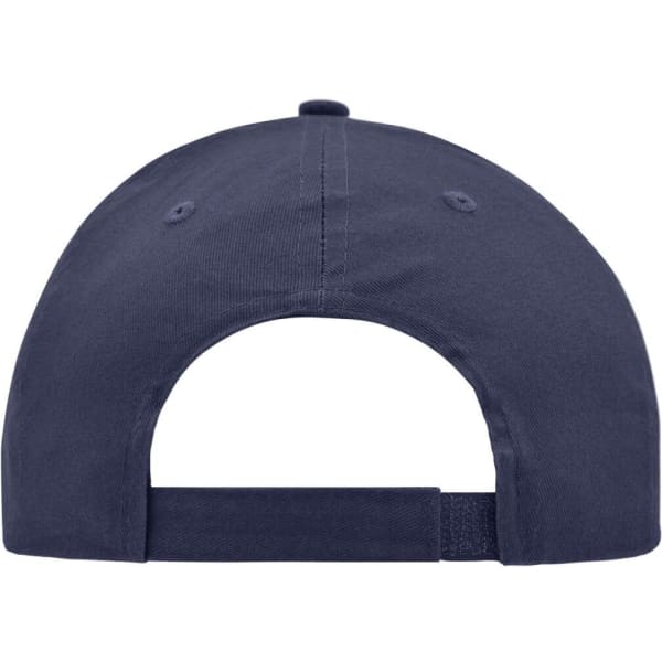 A navy blue brushed 6 panel cap with a rear adjustable strap and a logo on the back.