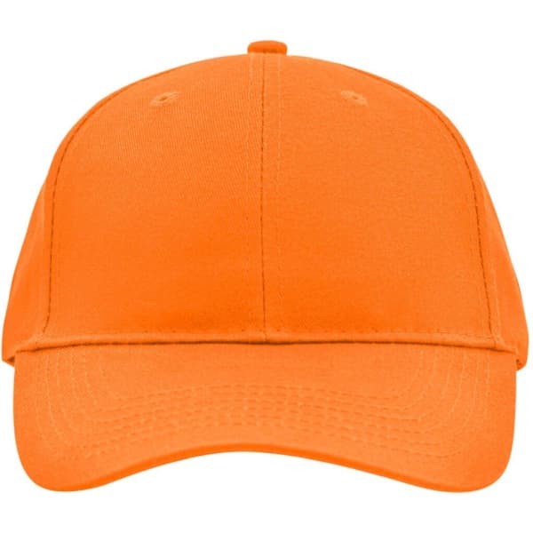 A bright orange brushed six panel cap featuring ventilation eyelets and a curved brim, with a logo on the front.