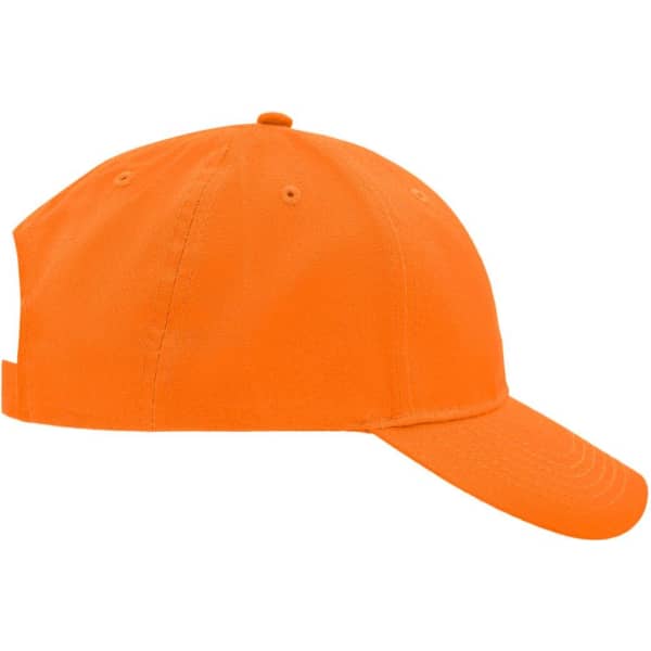 An orange brushed 6 panel cap with a curved brim and an adjustable strap at the back, featuring a logo.