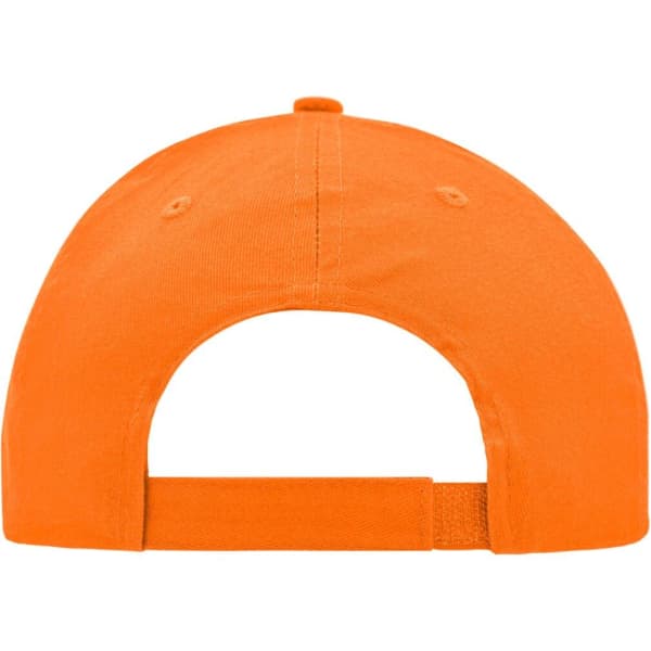 An orange brushed 6 panel cap featuring a back strap and branding on the side.