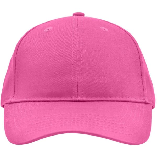 A pink brushed 6 panel cap featuring a curved brim and an adjustable strap at the back. It has a logo.