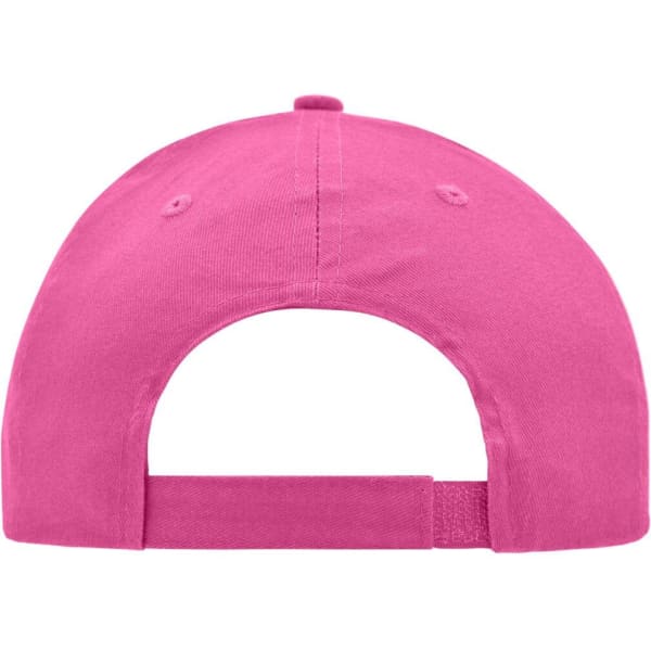 A bright pink brushed 6 panel cap with an adjustable strap at the back and a logo.