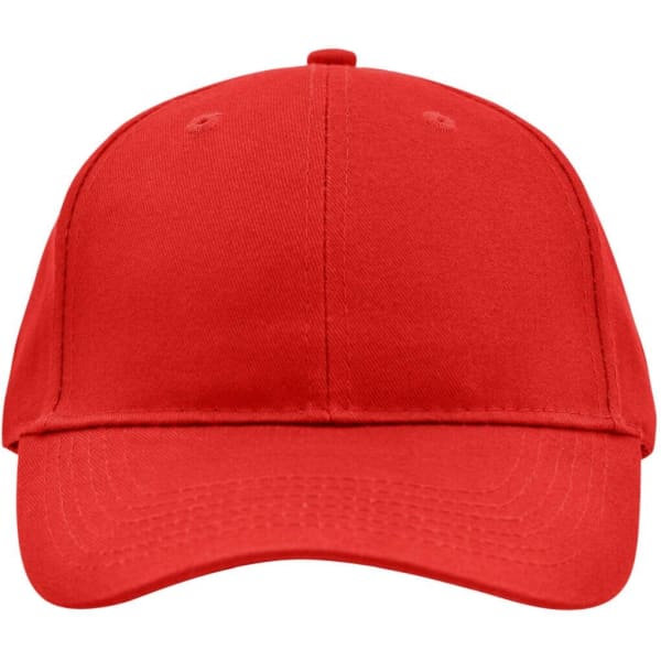 A red brushed 6 panel cap featuring a curved peak and an adjustable strap at the back. It has a logo.