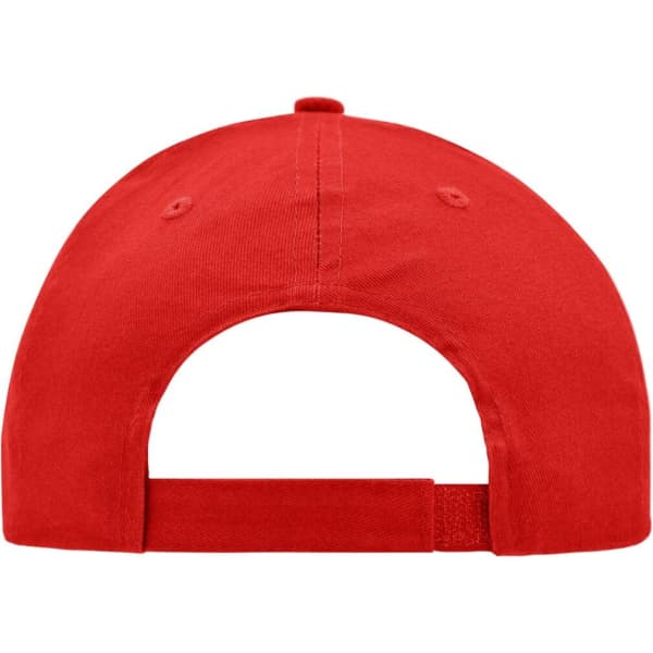 A red brushed 6 panel cap featuring a rear adjustable strap and a logo on the back.