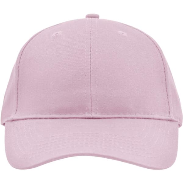 A pink brushed 6 panel cap featuring a curved brim and an adjustable strap at the back. It has a logo.