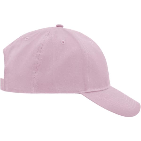 A brushed pink 6-panel cap with a curved brim and an adjustable strap at the back, featuring a logo.
