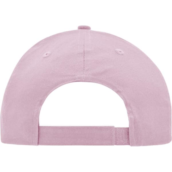 A pink brushed six-panel cap featuring an adjustable strap and a logo on the rear.