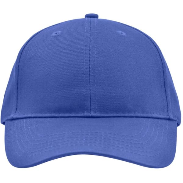 A blue brushed 6 panel cap featuring a logo, designed for headwear.
