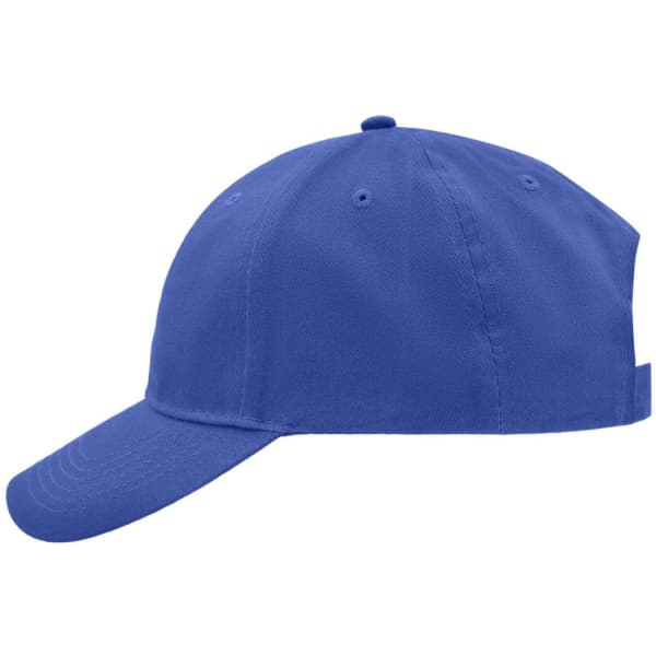 A blue brushed 6 panel cap with a curved brim and ventilation holes, featuring a logo on the side.