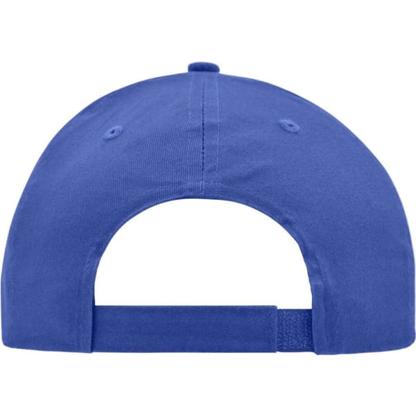 A blue brushed six-panel cap featuring a back closure and branding.