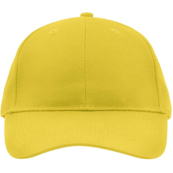 A yellow brushed 6 panel cap featuring a logo on the front. Ideal for casual wear or promotional events.