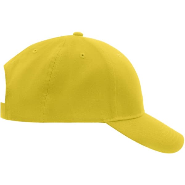 A yellow brushed 6 panel cap featuring an adjustable strap and a curved brim. Includes a logo on the front.