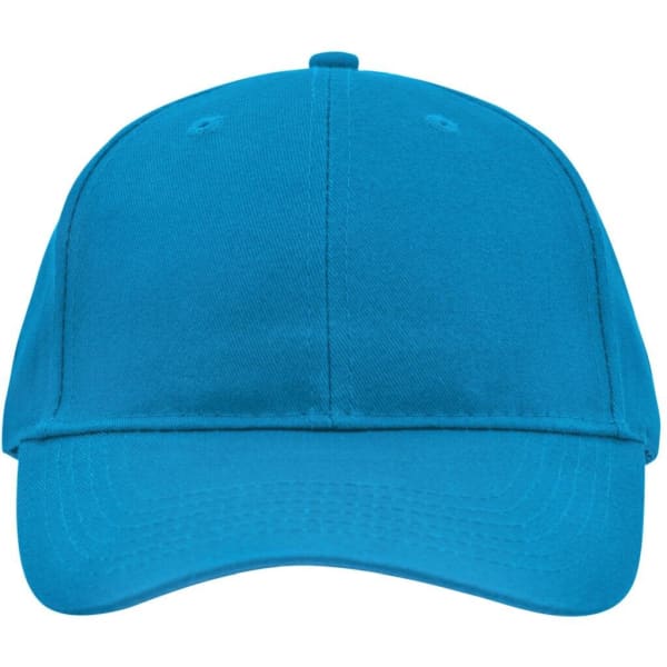 A bright blue brushed 6 panel cap, featuring a logo on the front and a curved brim.