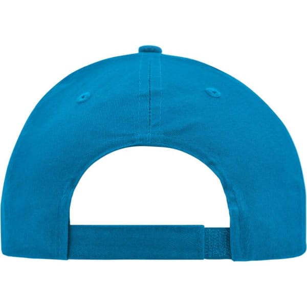 A bright blue brushed 6 panel cap with a flat brim and an adjustable strap at the back. The cap features a logo.