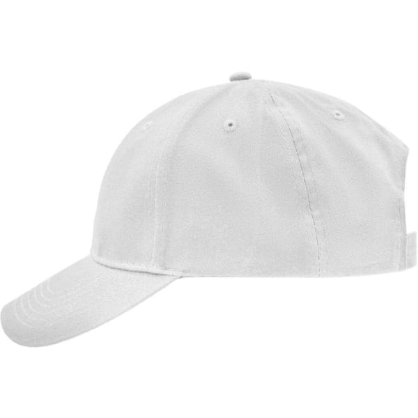 A white brushed 6 panel cap with a curved brim and an adjustable strap at the back, featuring a logo.