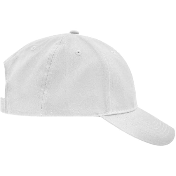 A white brushed six-panel cap with a curved brim and a logo on the side.
