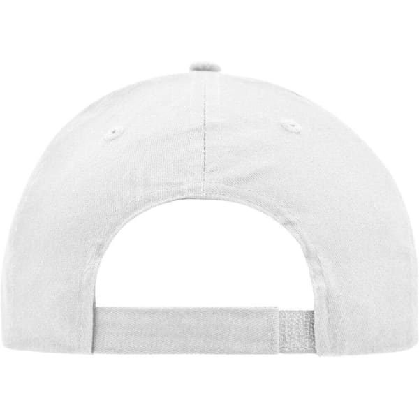 A white brushed 6 panel cap featuring a rear adjustable strap and a logo.