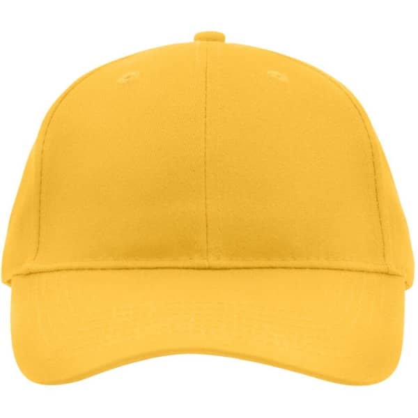 A yellow brushed 6 panel cap with a curved peak and a logo on the front.
