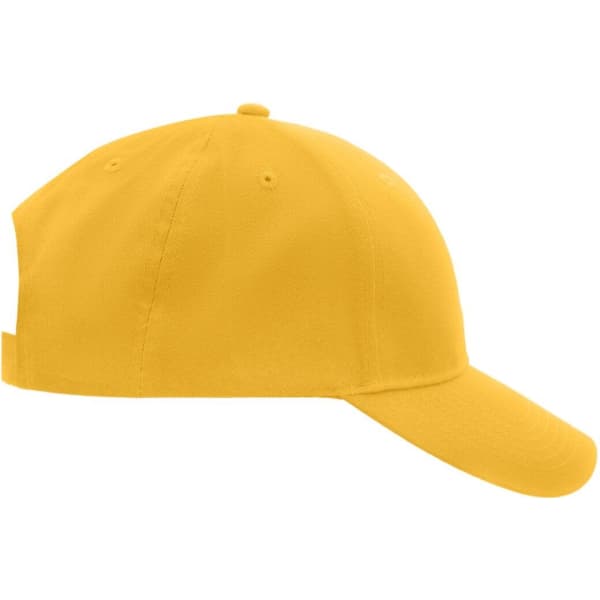 A yellow brushed 6 panel cap featuring a curved brim and an adjustable strap at the back. Includes a logo.