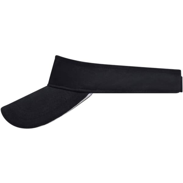 A black sun visor with a wide brim and adjustable band, featuring a logo on the side.