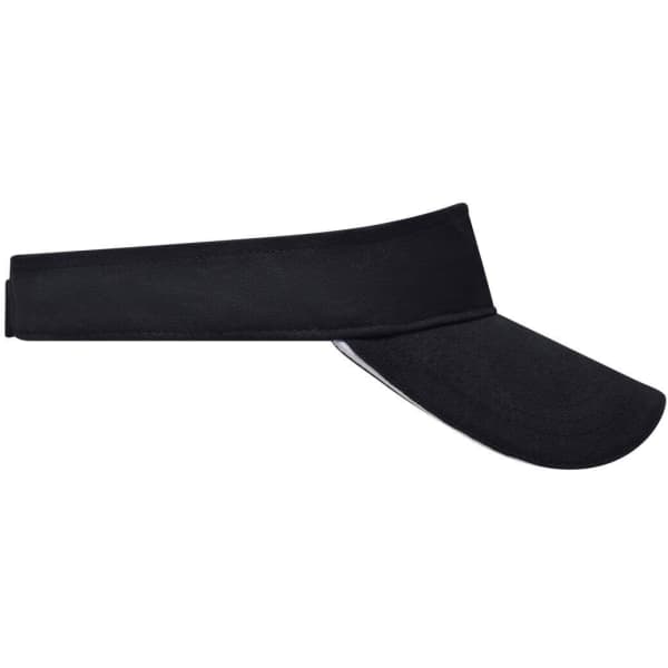 A black sandwich sunvisor with a broad brim and a strap, featuring a branding logo on the side.