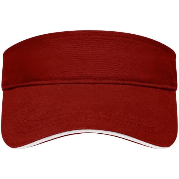 A red sandwich sunvisor featuring a wide brim and a fitted band. The visor has a simple design with no visible logos.