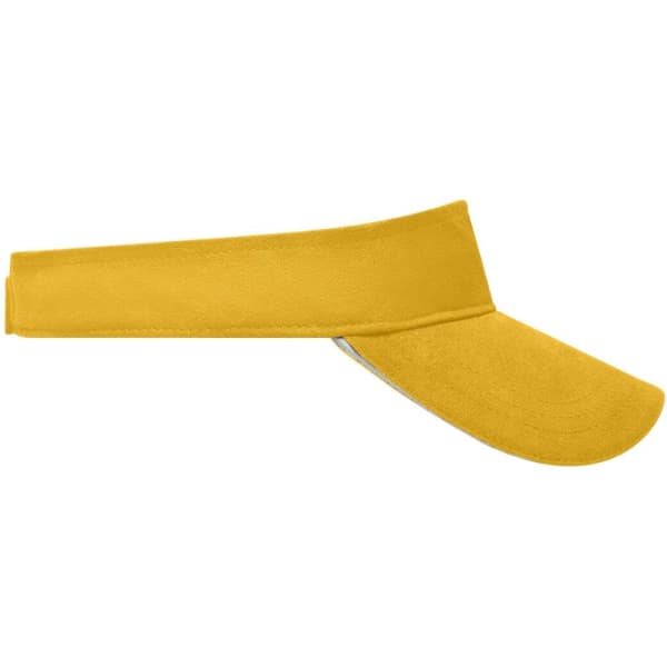 A yellow sandwich sunvisor with a wide brim and an adjustable band. It has a logo on the side.