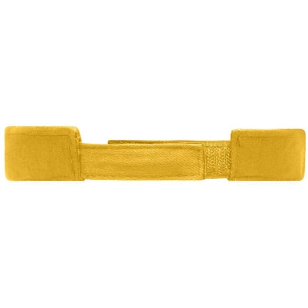 A yellow sandwich sunvisor with soft fabric and adjustable straps for secure fit. It features a branding logo.