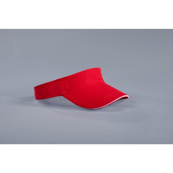 A red sun visor with a white trim, featuring a band for secure wear. The product has a logo on it.