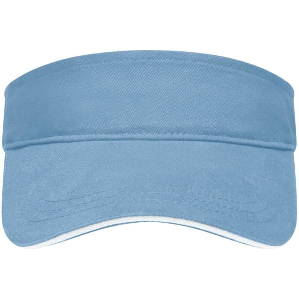 A blue sun visor with a wide brim and a smooth fabric finish, featuring a logo on the front.
