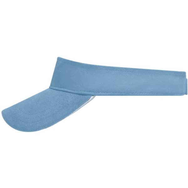 A light blue sunvisor with a wide brim and an adjustable band, featuring a logo.