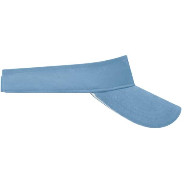 A blue sun visor with a wide brim and an adjustable band, featuring a logo on the side.