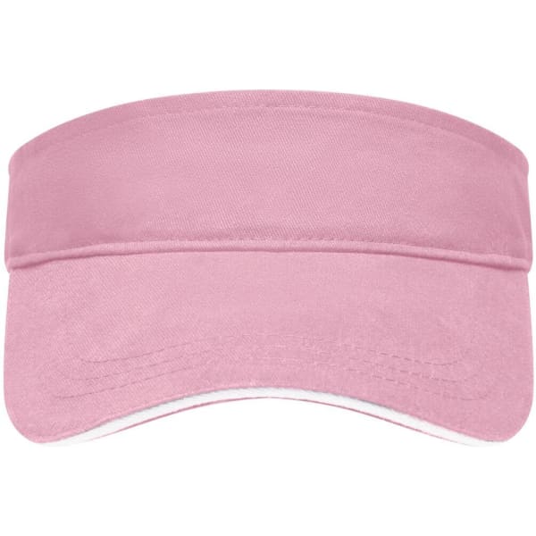 A pink sun visor with a wide brim and an adjustable design, featuring a logo on the front.