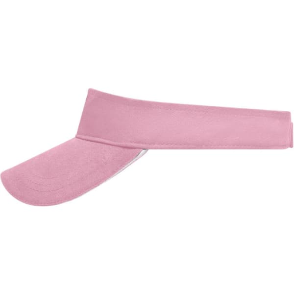 A pink sandwich sunvisor with a wide brim and a band for secure fit. It features a logo on the side.