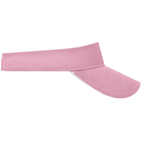 A pink sandwich sun visor featuring a wide brim and a fitted headband. It also includes a logo.