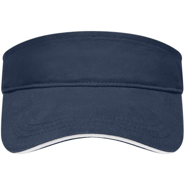 A navy blue sandwich sunvisor featuring a wide brim and a white underside. It has a logo displayed on it.