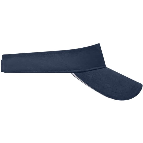 A navy blue sun visor with a wide brim and an adjustable strap at the back. It features a logo on the front.