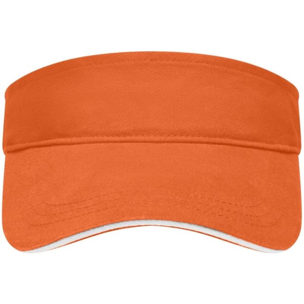 An orange sunvisor with a wide brim, featuring a simple design and a logo on the front.