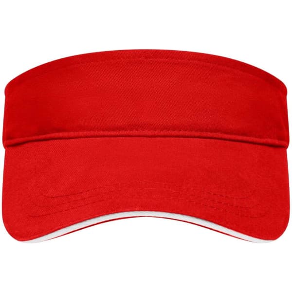 A red sun visor featuring a wide brim and a white underside, with a logo present on the front.