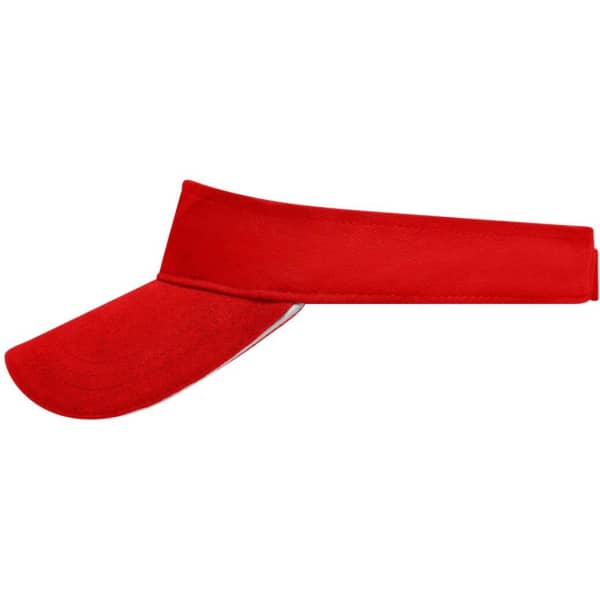 A red visor featuring a wide brim and an adjustable band, with a logo on the side.